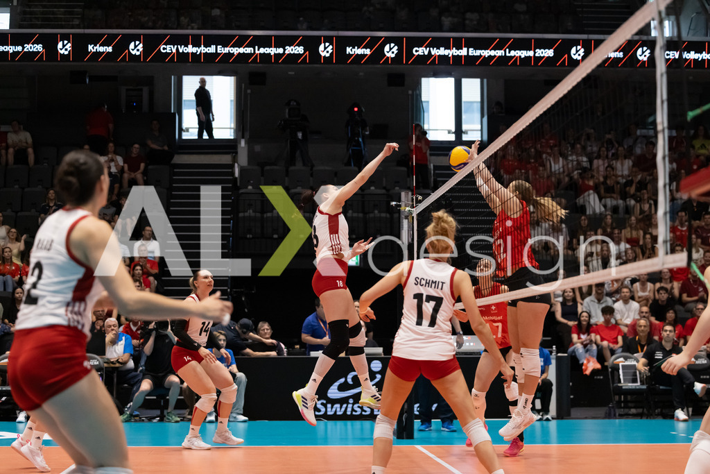 Austria v Switzerland - CEV European League Women | KRIENS, SWITZERLAND - JUNE 14: NINA NESIMOVIĆ of Austria attack / spike against FABIANA BRANCA of Switzerland during the CEV European League match between Austria and Switzerland at Pilatus Arena on June 14, 2026 in Kriens, Switzerland. - Realisiert mit Pictrs.com