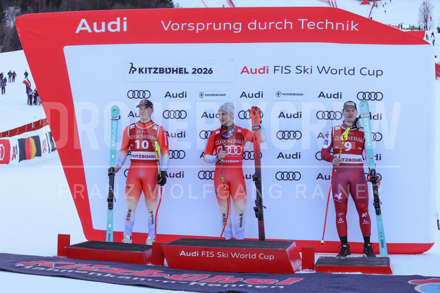 Audi FIS Ski World Cup: Men’s Slalom – Hahnenkamm Race, Kitzbuehel | Kitzbuehel, Austria, 25.Jan.26 - Alpine Skiing - FIS World Cup, Hahnenkamm Race, Slalom, men. The image shows VON ALLMEN Franjo (SUI, Head) second place, ODERMATT Marco (SUI, Stoeckli) first place and BABINSKY Stefan (AUT, Head) third place.