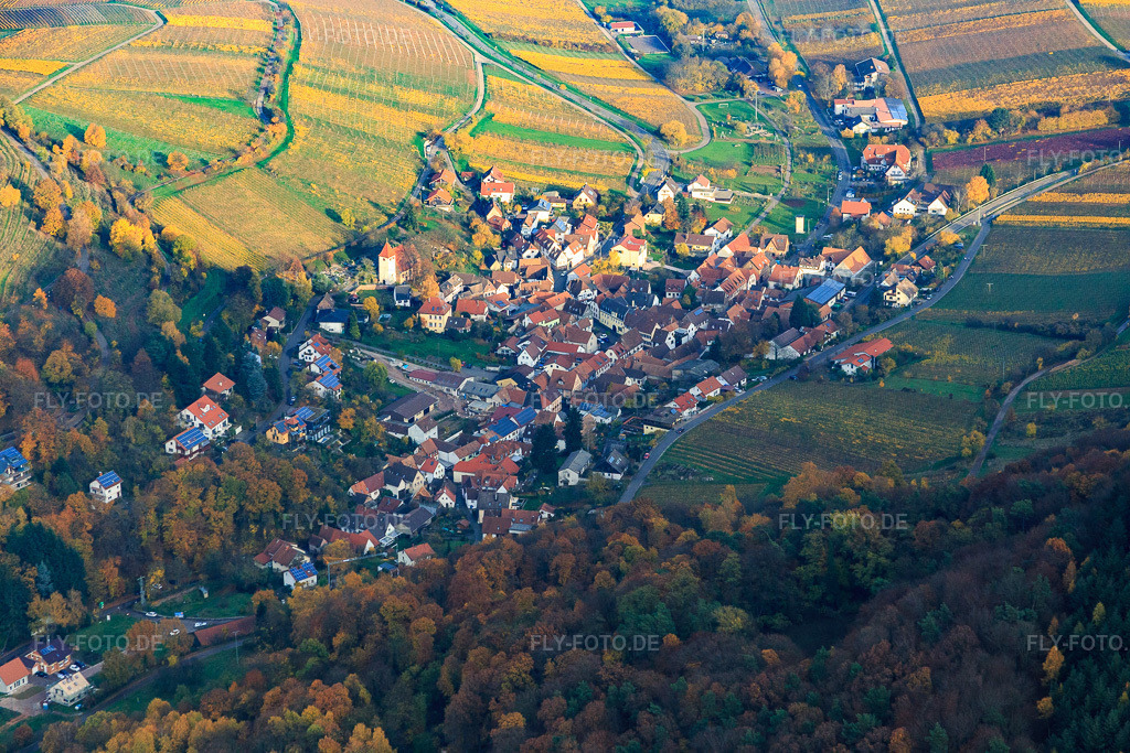 Luftbild: Winzerort aus Westen im Herbstlaub in Leinsweiler im Bundesland Rheinland-Pfalz in Deutschland. Foto: IMG_085160.jpg vom 08.11.2015 durch Werner Riehm/FLY-FOTO.de