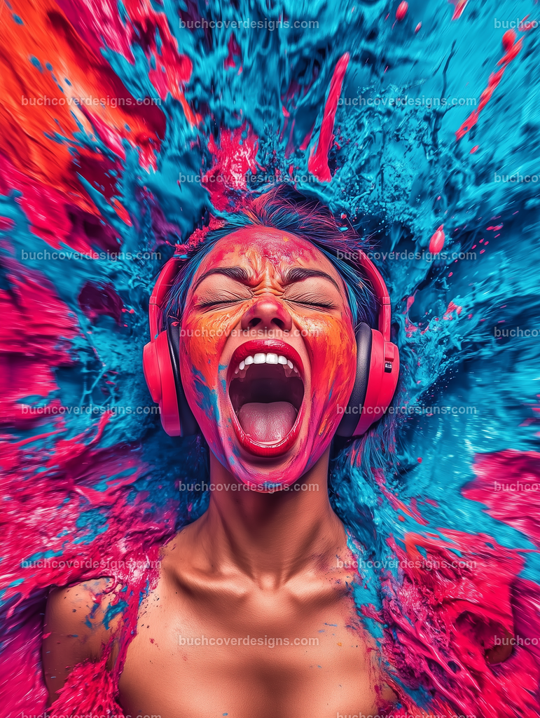Gesicht einer Frau mit Kopfhörer (176) | vivid colors - high detail - photographic - sureal - studio photo of a screaming woman face with a red headphone, background explosion different blue colorful paint splashes --chaos 5 --ar 3:4 --stylize 50 --weird 100 --v 6.1 Job ID: a02ebd7f-0d6c-4ed3-bb86-1d0bd281e745