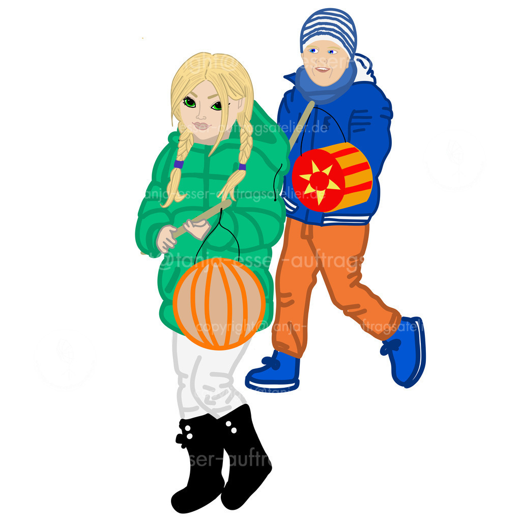 Martinszug Maedchen und Junge D | Zwei Kinder halten Laternen. Sie gehen zum Fackelzug zu dem Sankt Martin Fest. Isoliert vor weißem Hintergrund.