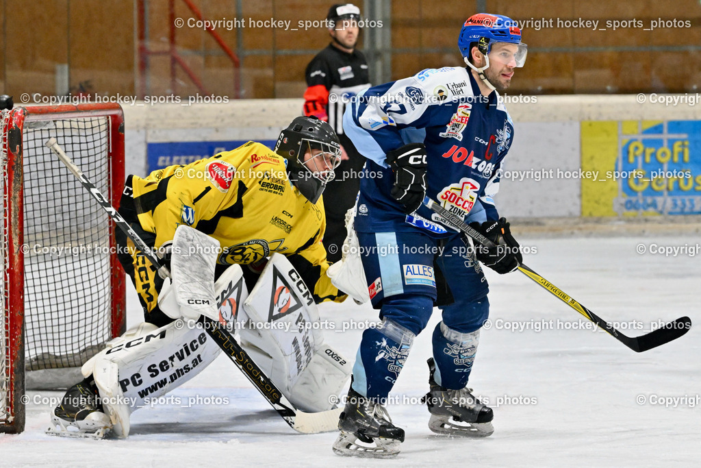 EC Hornets Spittal vs. ESC Steindorf 23.2.2024 | #1 Zauchner Rene EC Hornets Spittal, #57 Wilfan Franz ESC Steindorf, EC Hornets Spittal vs. ESC Steindorf 23.2.2024, EC Hornets Spittal vs. ESC Steindorf 23.2.2024 am 23.02.2024 in Spittal an der Drau (Eissportzentrum Spittal), Austria, (Photo by Bernd Stefan)