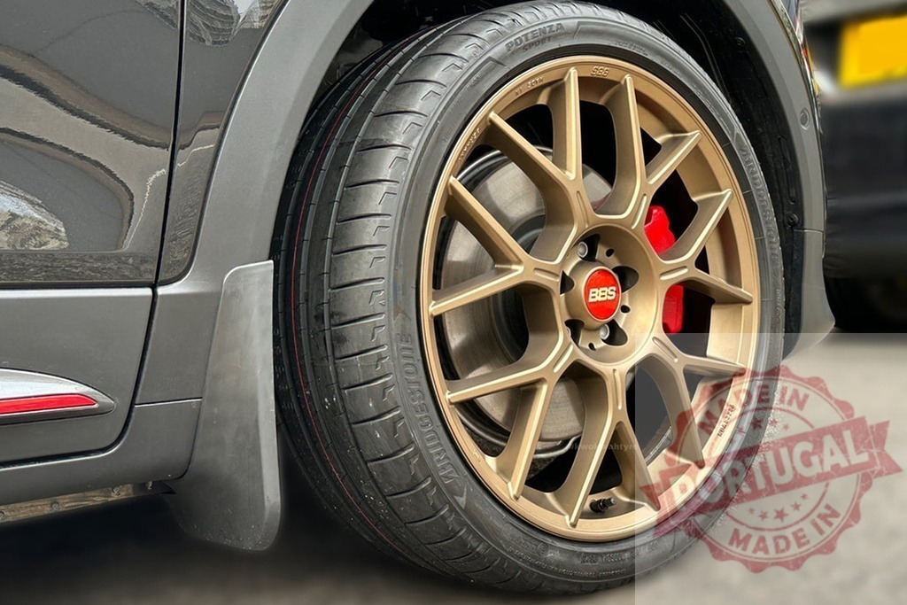 Car wheel with BBS alloy rim and Bridgestone Potenza tire | Car wheel showing a bronze BBS alloy rim, Bridgestone Potenza tire, and red brake caliper - Realisiert mit Pictrs.com