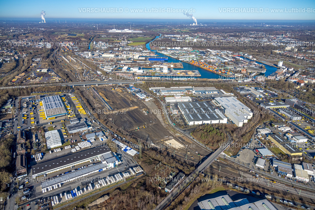 Dortmund260200194 | Luftbild, Dortmunder Hafen, Gewerbegebiet Baugebiet Union zwischen Heinrich-August-Schulte-Straße und Westfaliastraße am Hafen, ehemaliger Güterbahnhof und Deutsche Bahn AG, Brücke Mallinckrodtstraße, Gelände für geplantes neues ICE-Werk am Dortmunder Hafen, DACHSER SE Spedition Firmengelände, Dorstfelder Brücke, Dortmund, Ruhrgebiet, Nordrhein-Westfalen, Deutschland