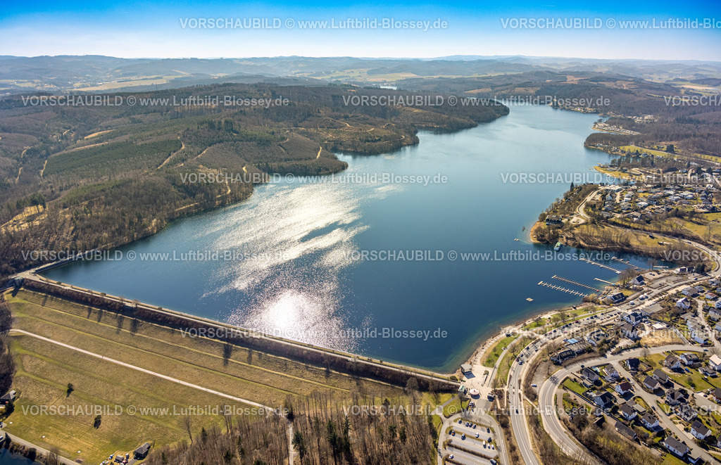 Sundern250304469 | Luftbild, Sorpesee mit Staumauer, Hügellandschaft Waldgebiet, Langscheid, Sundern, Sauerland, Nordrhein-Westfalen, Deutschland