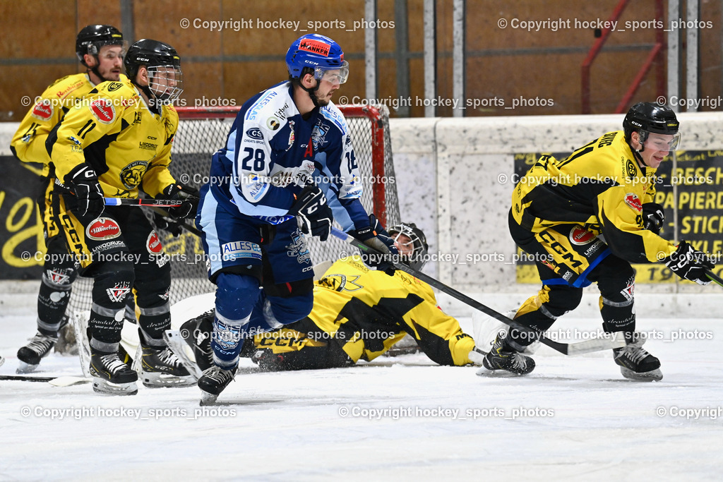 EC Hornets Spittal vs. ESC Steindorf 23.2.2024 | #15 Rossbacher Daniel EC Hornets Spittal, #11 Kucher Florian EC Hornets Spittal, #28 Bacher Stefan ESC Steindorf, #1 Zauchner Rene EC Hornets Spittal, #81 Sivec Peter Paul EC Hornets Spittal, EC Hornets Spittal vs. ESC Steindorf 23.2.2024, EC Hornets Spittal vs. ESC Steindorf 23.2.2024 am 23.02.2024 in Spittal an der Drau (Eissportzentrum Spittal), Austria, (Photo by Bernd Stefan)