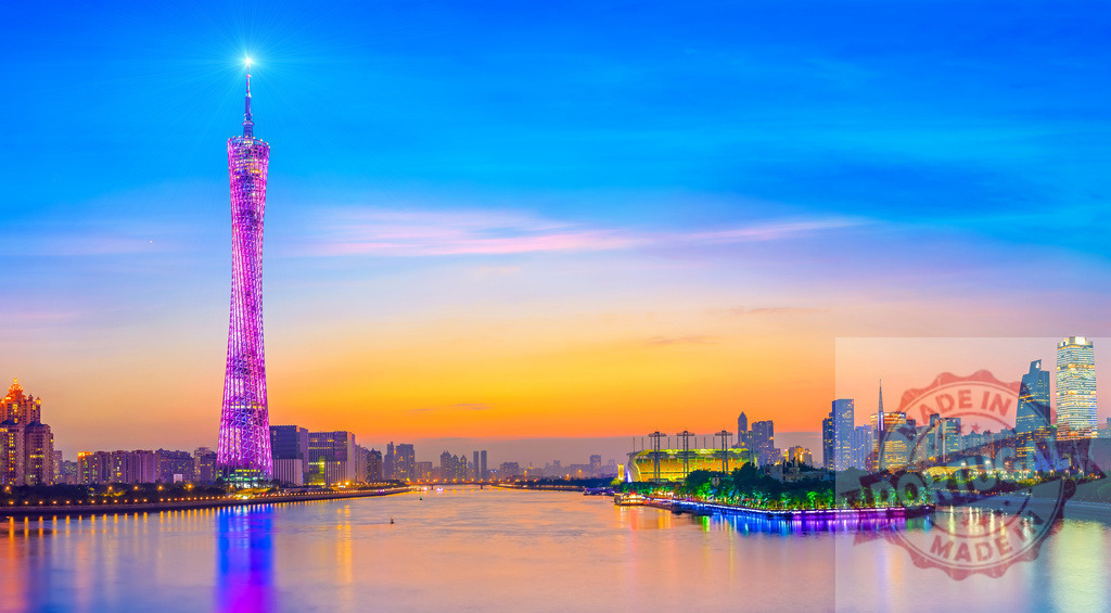 Canton Tower Guangzhou cityscape at sunset reflecting on Pearl River | Canton Tower and Guangzhou skyline reflecting on Pearl River during a colorful sunset - Realized with Pictrs.com