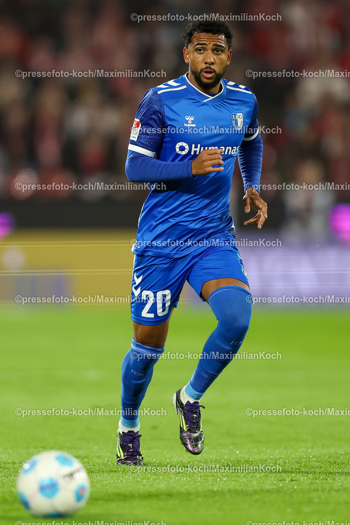 Koe14092402069 | 14.09.2024, 2. Fußball Bundesliga, 1. FC Köln - 1. FC Magdeburg, RheinEnergieSTADION, Saison 2024 2025: Xavier Amaechi (1.FC Magdeburg #20)DFB regulations prohibit any use of photographs as image sequences and or quasi-video.
