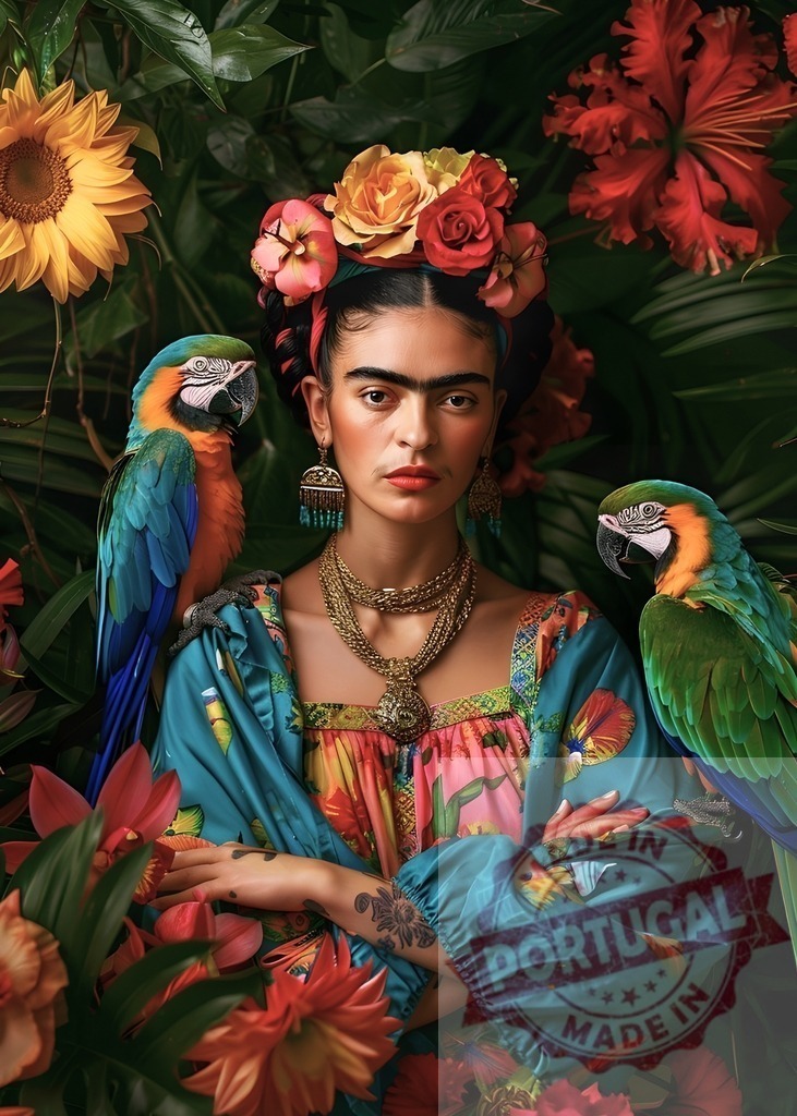 Frida Kahlo posing with two parrots and colorful flowers | Artistic portrait of Frida Kahlo wearing flower crown and posing with two parrots in a lush tropical setting - Realized with Pictrs.com