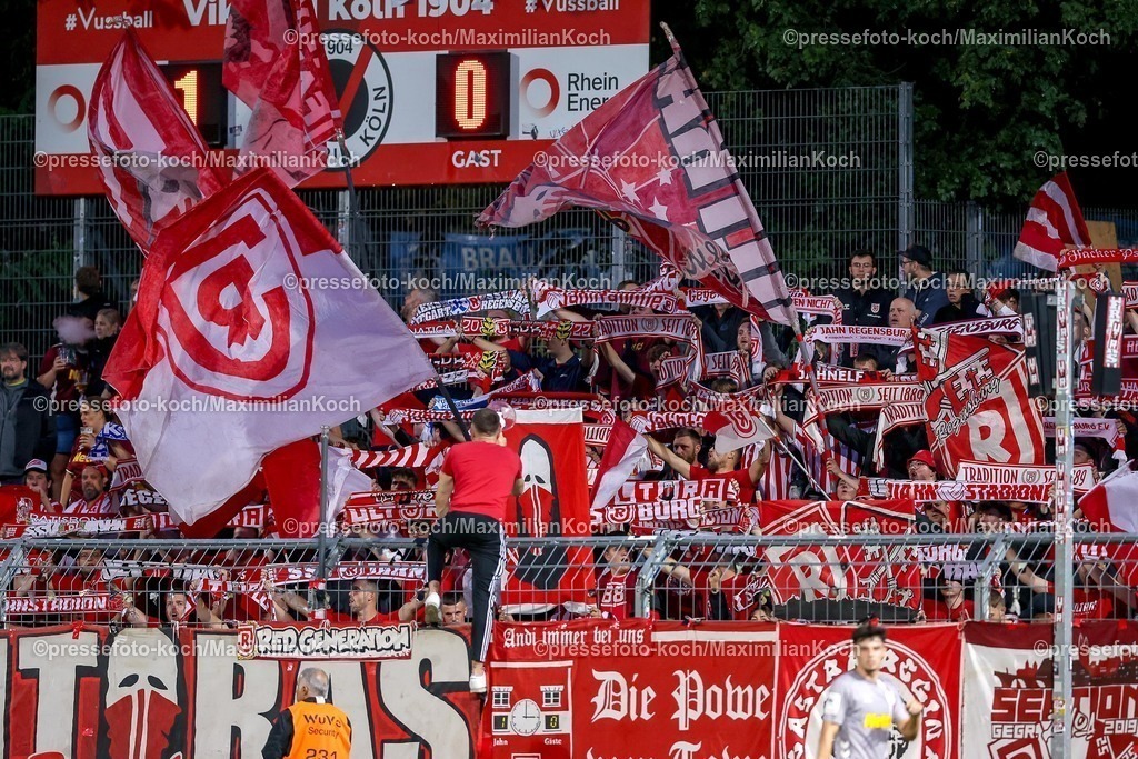 FCVK29082501107 | 29.08.2025, Fußball, FC Viktoria Köln – SSV Jahn Regensburg, 3.Liga, Sportpark Höhenberg, Saison 2025 2026: Fans Gästefans Gästekurve Gästetribüne Zuschauer Feature Schals Schalparade Fanschal Ultras  DFB regulations prohibit any use of photographs as image sequences and or quasi-video.