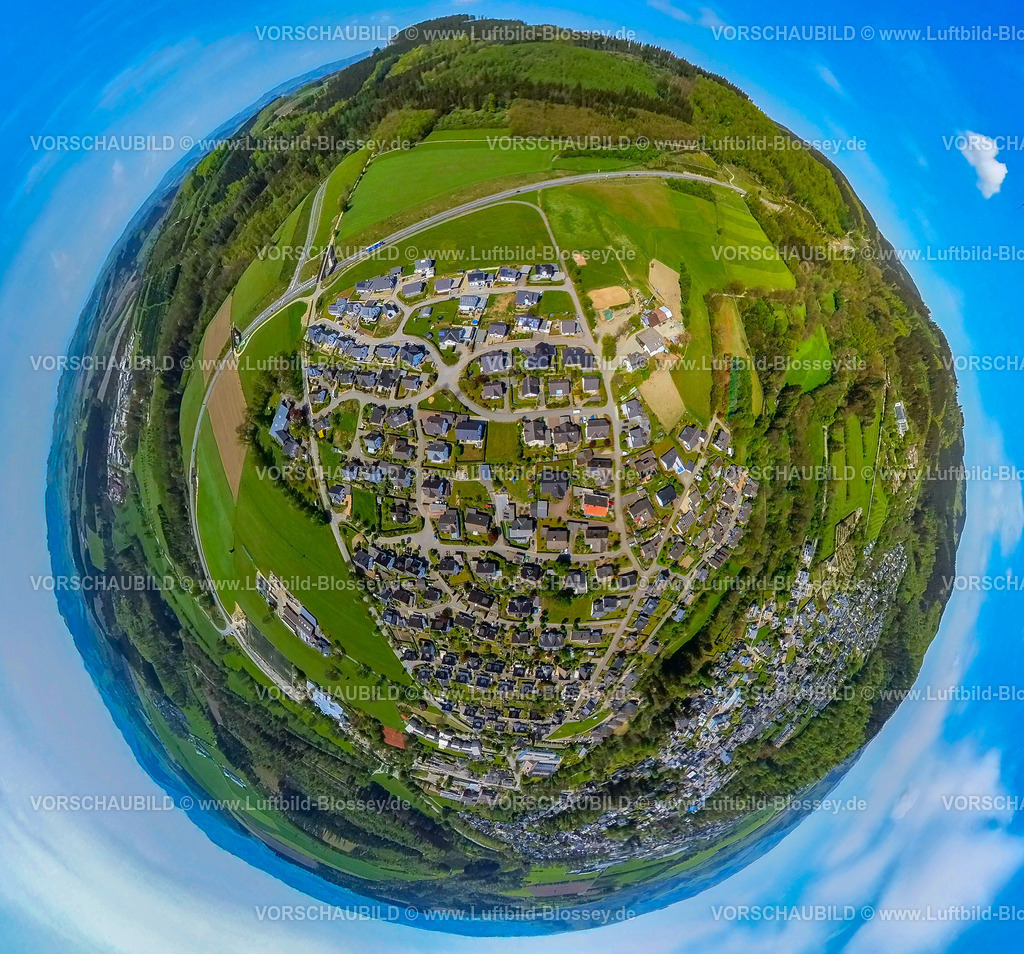 Schmallenberg240590311BadFredeburg_WohngebietRohdauweg | Luftbild, Ortsansicht Bad Fredeburg, Wohngebiet Rohdauweg und Altenilper Straße an der Umgehungsstraße L776, Erdkugel, Fisheye Aufnahme, Fischaugen Aufnahme, 360 Grad Aufnahme, tiny world, little planet, fisheye Bild, Fredeburg, Schmallenberg, Sauerland, Nordrhein-Westfalen, Deutschland