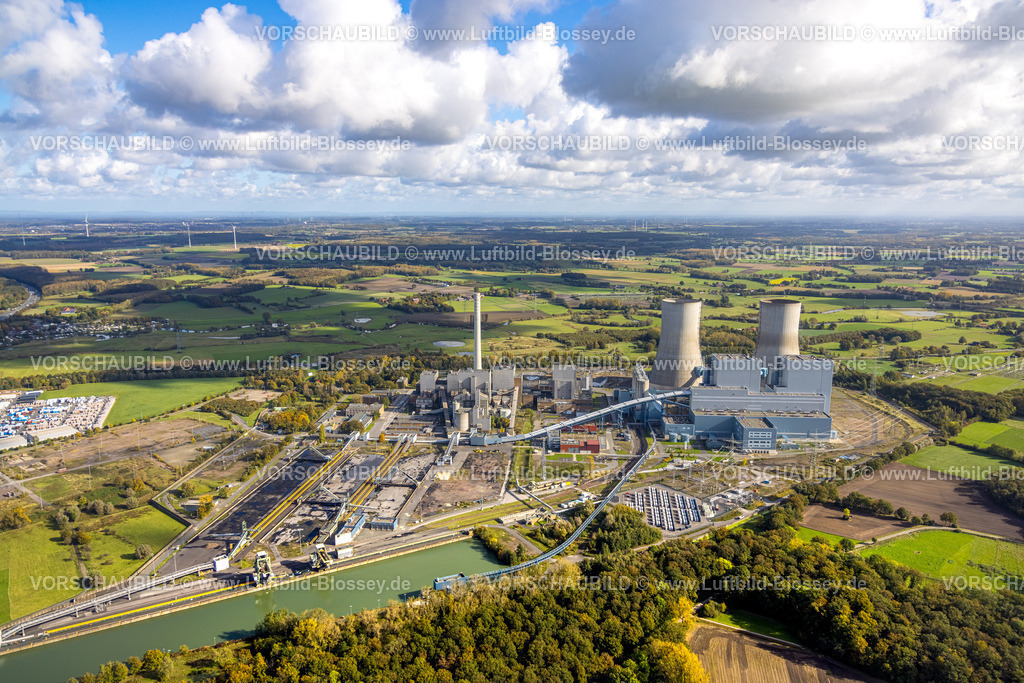 Hamm241008247 | Luftbild, RWE Kraftwerk Westfalen, E-Werk, Fernsicht und blauer Himmel mit Wolken, Uentrop, Hamm, Ruhrgebiet, Nordrhein-Westfalen, Deutschland
