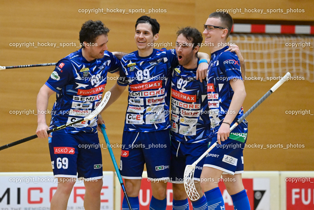 VSV Unihockey vs. KAC Floorball 4.2.2023 | #69 Marco Leurer, #92 Ingolf Gunnar Natmessnig, #89 Robert Rauter, #59 59 Nino Forelli, Jubel VSV Unihockey Mannschaft