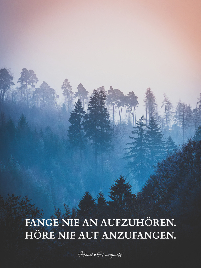 Edition “MOTIVATION” | Spruch: FANGE NIE AN AUFZUHÖREN. HÖRE NIE AUF ANZUFANGEN. Die Edition “MOTIVATION” bringt den Spirit des Schwarzwaldes zu Ihnen nach Hause. Wählen Sie Ihren Lieblingsspruch aus zehn unterschiedlichen Varianten. Perfekt für Ihr eigenes Zuhause oder als Geschenk für heimatverliebte Freunde.
 - Realisiert mit Pictrs.com