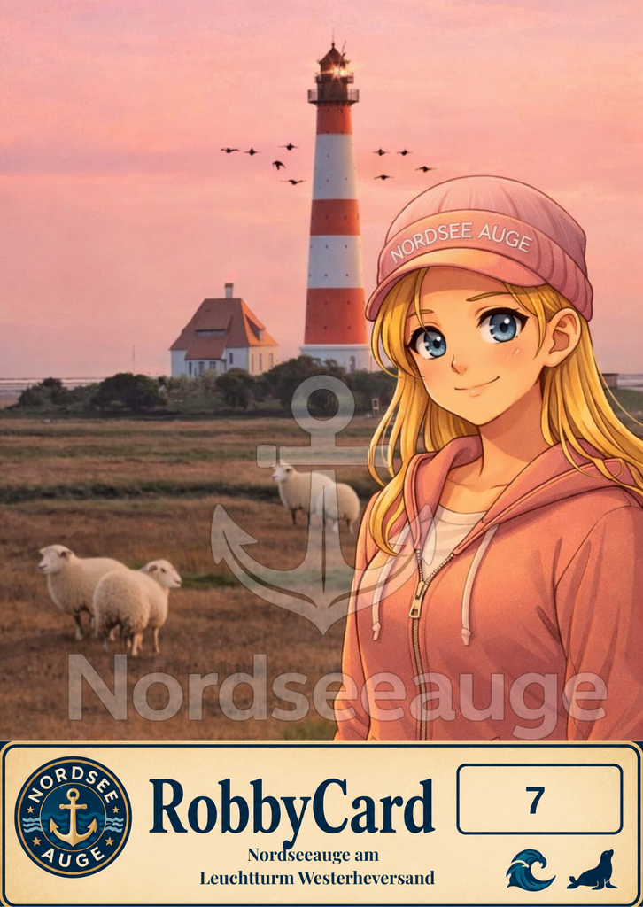 RobbyCard 07: Nordseeauge am Leuchtturm | Nordseeauge zeigt ruhige Fotokunst von der Nordsee. Hochwertige Prints, Bilder und Motive mit Weite, Licht und Meer – für Zuhause oder als Geschenk. Robbycard-Nordsee Erlebnisse zum sammeln