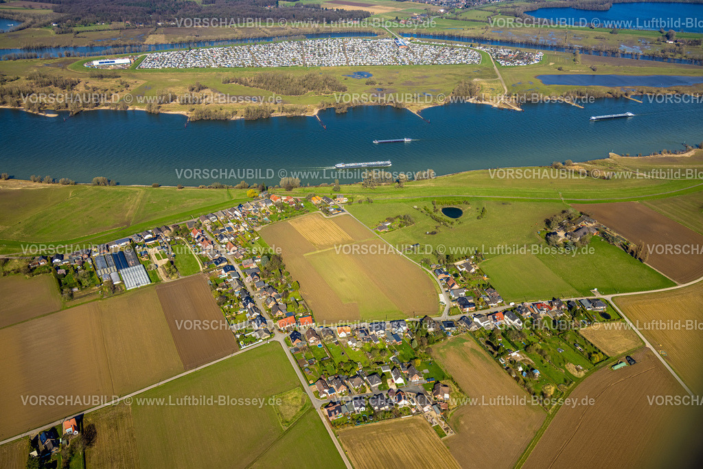 Wesel240311011Werrich Perrich | Luftbild, Campingplatz Grav Insel am Fluss Rhein, Rheinaue beim Ort Perrich, Fluss Rhein und Binnenschifffahrt, Perrich, Wesel, Nordrhein-Westfalen, Deutschland