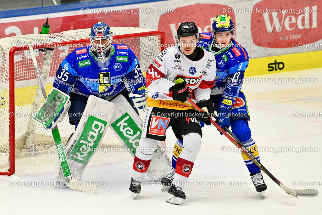 EC IDM Wärmepumpen VSV vs. Pioneers Vorarlberg | #35 Cannata Joe EC VSV,#46 Maier Oskar PIONEERS VORARLBERG, #43 Raspotnig Julian EC VSV, EC IDM Wärmepumpen VSV vs. Pioneers Vorarlberg, EC IDM Wärmepumpen VSV vs. Pioneers Vorarlberg am 14.12.2024 in Villach (Stadthalle Villach), Austria, (Photo by Bernd Stefan)