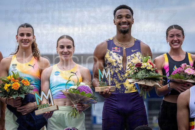 Multisport Event; Ratingen, 28.06.2026 | RATINGEN, GERMANY - JUNE 28, 2026 : Sandrina Sprengel (GER / Germany), Annik Kälin (SUI / Switzerland), Leo Neugebauer (GER / Germany) and Erin Marsh (USA / United States) at the medal ceremony during the Multisport Event at Stadion Ratingen on June 28, 2026 in Ratingen, Germany.