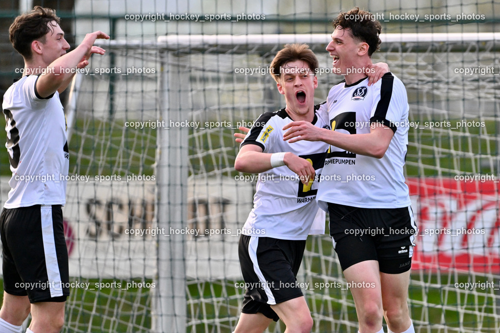 SV Spittal vs. VST Völkermarkt 5.4.2024 | Jubel SV Spittal, #9 Samuel Müllmann SV Spittal, #10 Adrian Steurer SV Spittal, #3 Killian Brandner SV Spittal, SV Spittal vs. VST Völkermarkt 5.4.2024, SV Spittal vs. VST Völkermarkt am 05.04.2024 in Spittal an der Drau (Goldeck Stadion), Austria, (Photo by Bernd Stefan)