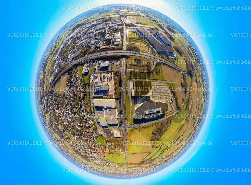 Hamm240190135Rhynern_Hoeffner_Rullko_Zeppelin-Baumaschinen | Luftbild, Gewerbegebiet an der Werler Straße Bundesstraße B63 und BAB Autobahn A2, Möbelhaus Höffner, Rullko SB Großmarkt und Zeppelin Baumaschinen GmbH, Mensing Galerie Baustelle, Erdkugel, Fisheye Aufnahme, Fischaugen Aufnahme, 360 Grad Aufnahme, tiny world, little planet, fisheye Bild, Stadtbezirk Rhynern, Hamm, Ruhrgebiet, Nordrhein-Westfalen, Deutschland