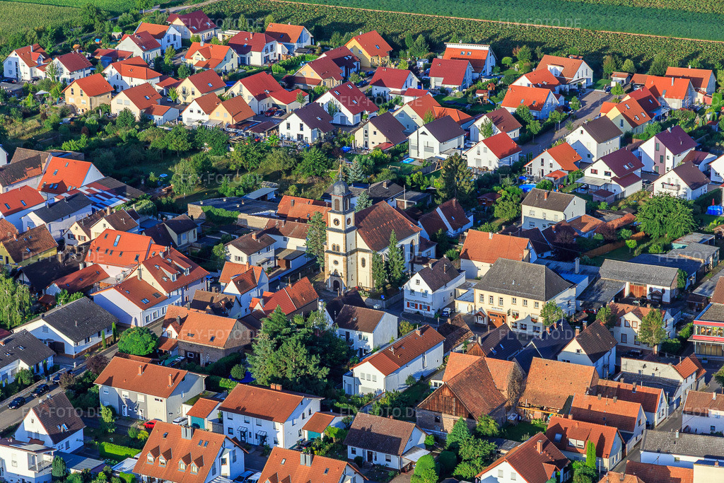 Luftbild: Kirche St. Martin im Ortsteil Mörlheim in Landau im Bundesland Rheinland-Pfalz in Deutschland. Foto: IMG_116640.jpg vom 11.08.2019 durch Werner Riehm/FLY-FOTO.deWWW.KIRCHELANDAU.DE