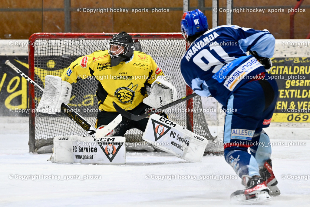 EC Hornets Spittal vs. ESC Steindorf 23.2.2024 | #1 Zauchner Rene EC Hornets Spittal, #91 Kravania Kristian ESC Steindorf, EC Hornets Spittal vs. ESC Steindorf 23.2.2024, EC Hornets Spittal vs. ESC Steindorf 23.2.2024 am 23.02.2024 in Spittal an der Drau (Eissportzentrum Spittal), Austria, (Photo by Bernd Stefan)