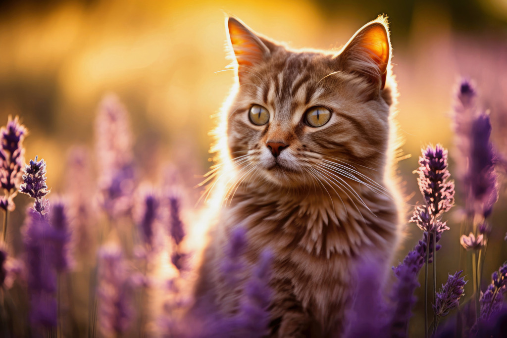 2311005 - Katzenporträt | Tolles Motiv einer Katze im Lavendelfeld im Sonnenlicht.