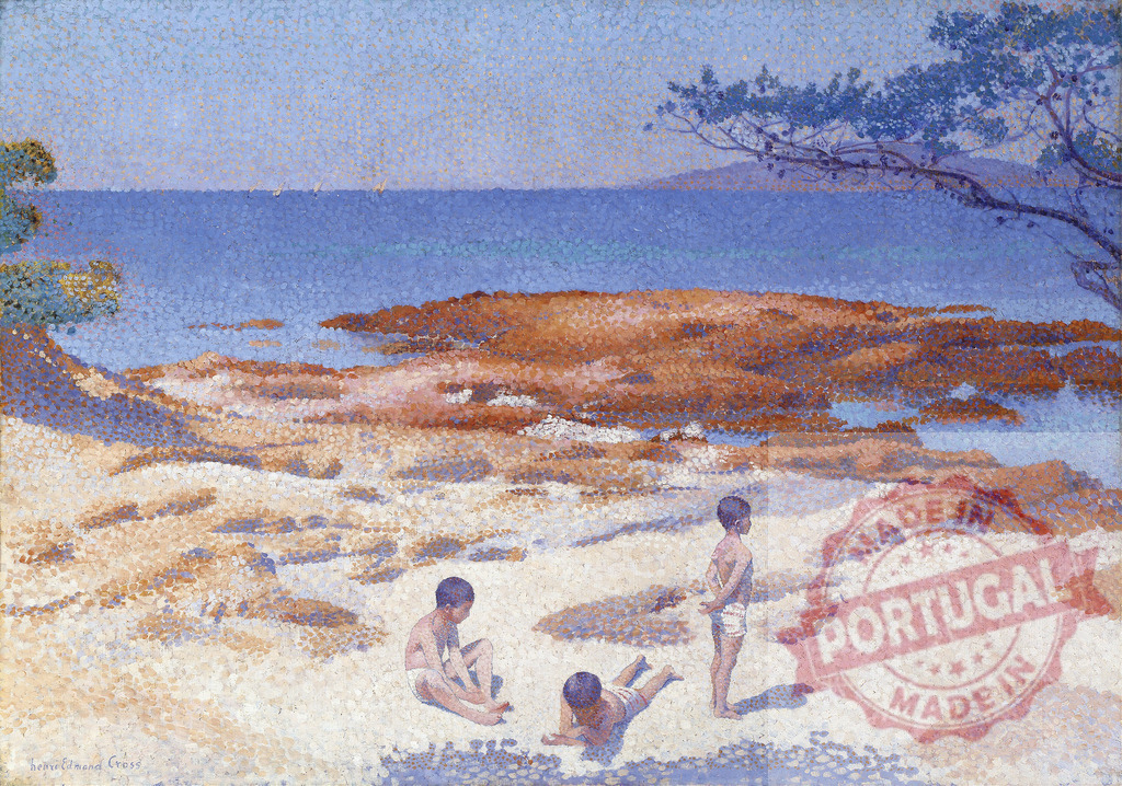 Henri-Edmond Cross painting children playing on beach. Henri Edmund Cross | Children playing on a Mediterranean beach, rendered in brilliant pointillist style - Realized with Pictrs.com