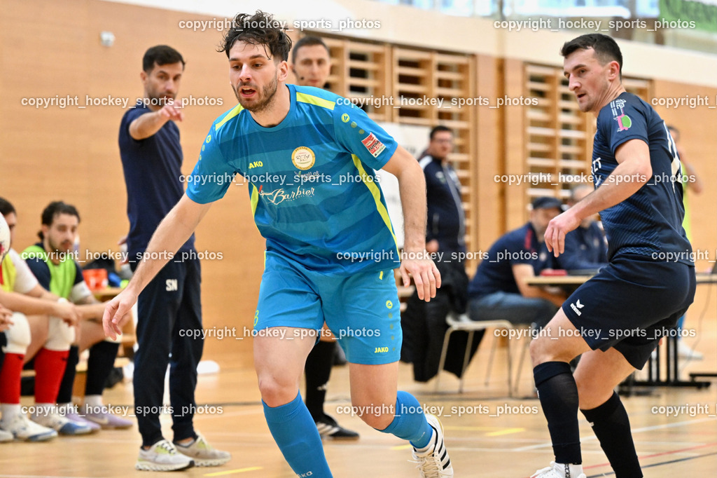 LPSV Kärnten vs. Futsal Versli Klagenfurt | #8 Marko Bjelcevic versli.at Klagenfurt, #14 Enis Musanovic LPSV-Kärnten, LPSV Kärnten vs. Futsal Versli Klagenfurt, LPSV Kärnten vs. Futsal Versli Klagenfurt am 01.02.2026 in Villach (Ballspielhalle St. Martin), Austria, (Photo by Bernd Stefan)