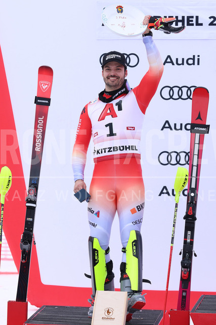 Audi FIS Ski World Cup: Men’s Slalom – Hahnenkamm Race, Kitzbuehel | Kitzbuehel, Austria, 25.Jan.26 - Alpine Skiing - FIS World Cup, Hahnenkamm Race, Slalom, men. The image shows MEILLARD Loic (SUI, Rossignol) second place with trophy.
