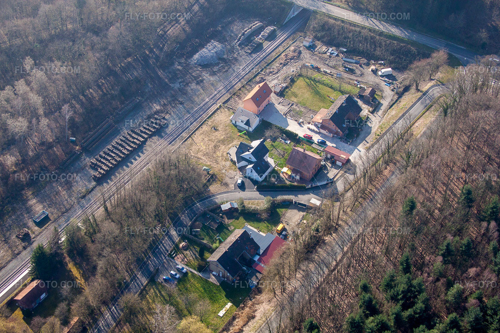 Aerial view: Railroad station in Surbourg in the state Bas-Rhin, France.Photo: IMG_62776.jpg taken on 03/09/2014 by Werner Riehm/FLY-FOTO.comResolution of the original: 4752 x 3168 px