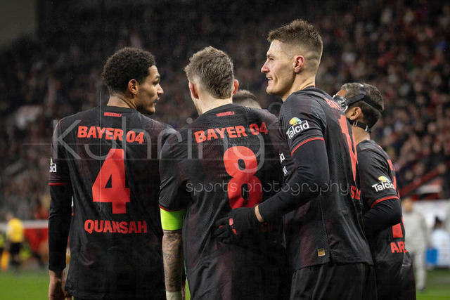 Bayer 04 Leverkusen vs. FC St. Pauli, 03.02.2026 | LEVERKUSEN, GERMANY - FEBRUARY 3: Patrick Schick (Bayer 04 Leverkusen, 14) celebrates scoring his team's second goal with teammates during the DFB Cup quarter-final match Bayer 04 Leverkusen vs. FC St. Pauli at BayArena on February 3, 2026 in Leverkusen, Germany. (Photo by Axel Kohring/Beautiful Sports Int.)DFL REGULATIONS PROHIBIT ANY USE OF PHOTOGRAPHS AS IMAGE SEQUENCES AND/OR QUASI-VIDEO.