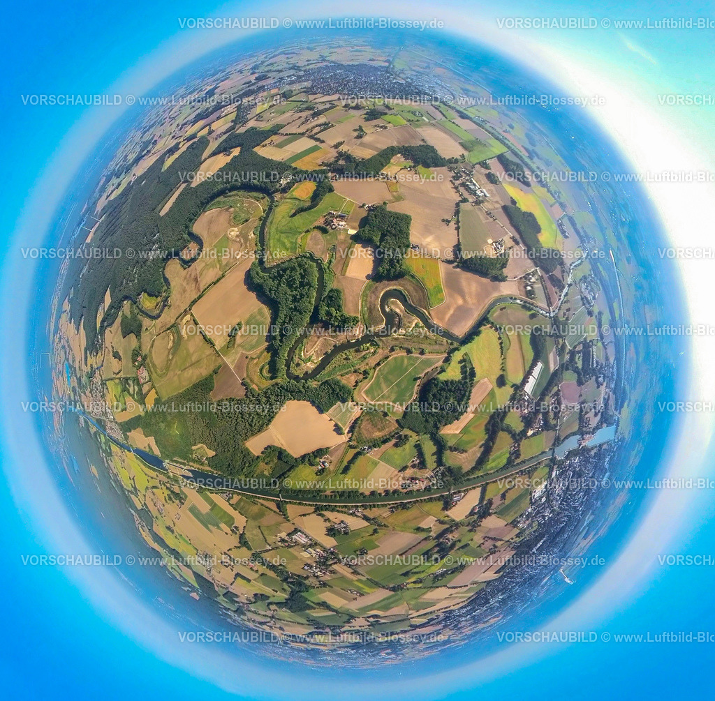 Olfen20220823_Lippeverlauf04Vogelsang | Luftbild, Fluss Lippe Mäander, Fluss- und Auenentwicklung der Lippe Vogelsang, Fisheye Aufnahme, Fischaugen Aufnahme, 360 Grad Aufnahme, Stadtgrenze Olfen-Datteln, Olfen-Kirchspiel, Olfen, Ruhrgebiet, Nordrhein-Westfalen, Deutschland