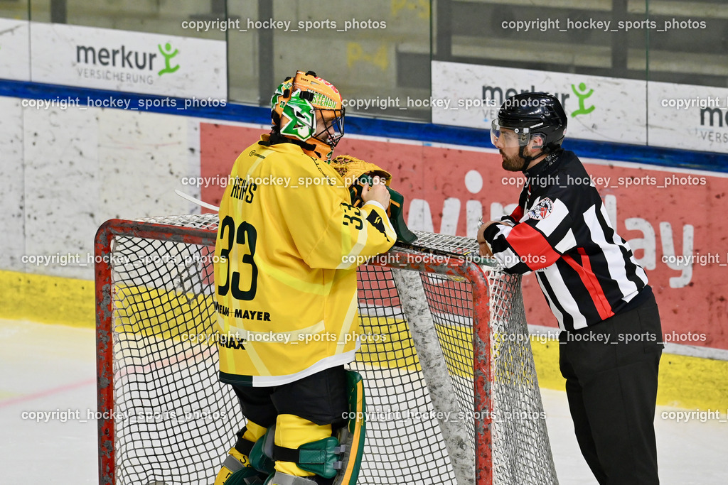 ATSE Graz vs. EHC Lustenau | #33 Reihs Lukas EHC Lustenau, MEIXNER Sebastian Referee, ATSE Graz vs. EHC Lustenau, ATSE Graz vs. EHC Lustenau am 14.02.2026 in Graz (Merkur Eishalle ), Austria, (Photo by Bernd Stefan)