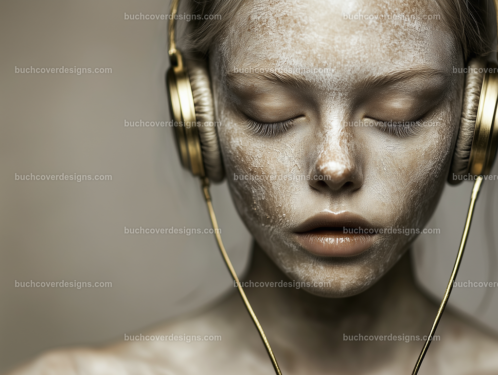 Gesicht einer Frau mit Kopfhörer (194) | white woman face wear a golden headphone, see the face - close up - studio light - vivid colors - high detail - realistic - photo - sureal --chaos 5 --ar 4:3 --stylize 50 --weird 100 --v 6.1 Job ID: 90c92aaf-6311-4042-8327-c3b2231eacf2