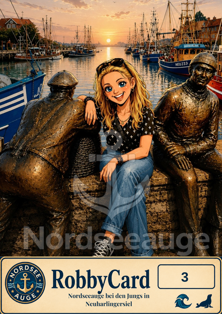 Robbcard_Jungs_in_Neuharlingersiel | RobbyCard Nr. 03 – Die Jungs am Hafen von Neuharlingersiel ⚓️Für viele sind es einfach zwei Bronzefiguren am Kutterhafen – für mich sind es „die Jungs“. Sie prägen den Hafen seit Generationen und erinnern an die echten Krabbenfischer.Diese Karte fängt den magischen Moment ein, wenn langsam Ruhe einkehrt, die Boote sanft schaukeln und die Masten leise knarzen. Ich setze mich oft zu ihnen, genieße den Küstenschnack und lausche ihren Geschichten.Hol dir dieses besondere Gefühl nach Hause – denn zwischen Ebbe und Flut entstehen einfach die schönsten Erinnerungen.Diese RobbyCard bringt dir das echte, ungefilterte Küstengefühl direkt nach Hause. Perfekt für Sammler, Nordsee-Liebhaber und alle, die Sehnsucht nach dem Meer haben.Was ist die RobbyCard?Die RobbyCard ist weit mehr als eine gewöhnliche Postkarte – sie ist dein persönliches Stück Nordsee zum Sammeln:Vorderseite: Ein einzigartiges, liebevoll gestaltetes Comic-Kunstwerk, das die emotionale Verbindung zur Küste perfekt einfängt.Rückseite: Kein Standard-Text! Hier erwartet dich eine ganz persönliche Erlebnis-Story von mir. Ich nehme dich exklusiv mit hinter die Kulissen dieses Moments und erzähle dir die wahre Geschichte zu dem Bild.Tu Gutes für die Küste: Mindestens 1,00 € oder10% von jeder verkauften Karte fließt direkt in ehrenamtliche Seehund-Projekte rund um die Nordsee. ⚓