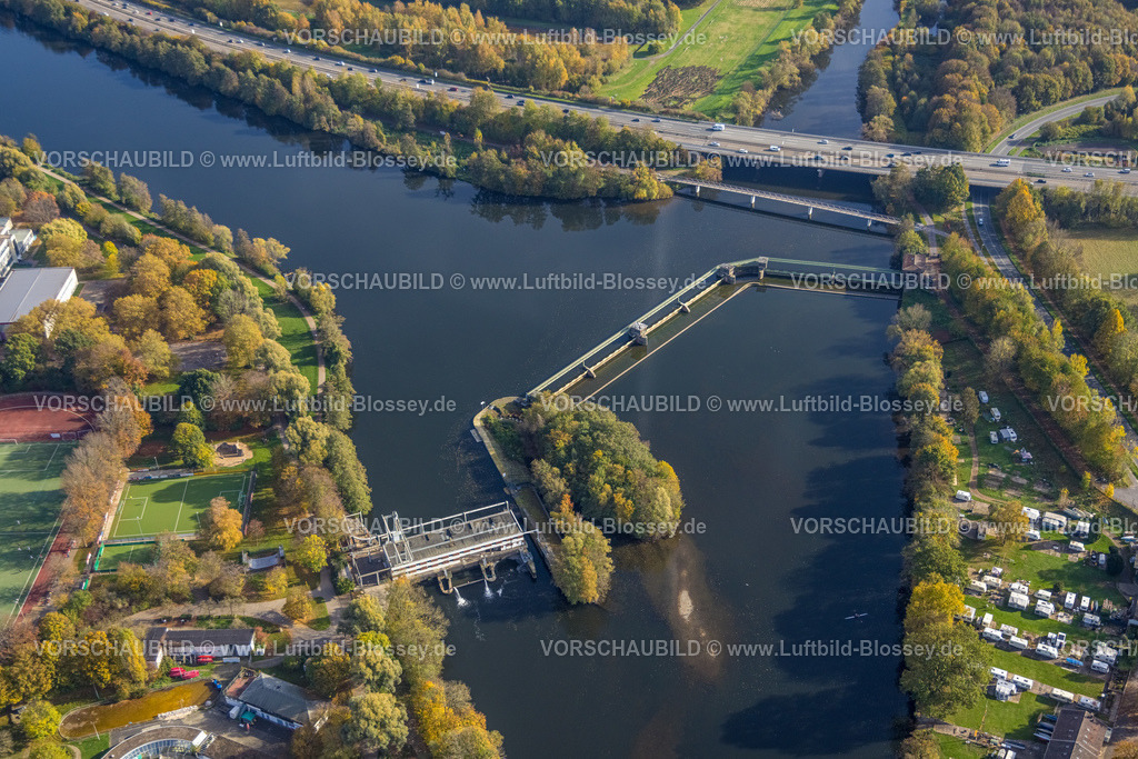 Herdecke221017047 | Luftbild, Wehr Stiftsmühle, neue Radwegbrücke, Autobahn A1, Volme Mündung, Fluss Ruhr, Boele, Hagen, Ruhrgebiet, Nordrhein-Westfalen, Deutschland