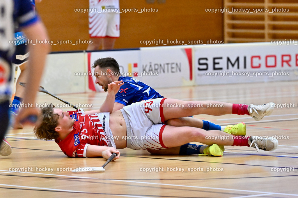VSV Unihockey vs. KAC Floorball | #93 Marcel Gappmayer KAC Floorball, #5 Michael Kanduth VSV Unihockey, VSV Unihockey vs. KAC Floorball, VSV Unihockey vs. KAC Floorball am 12.04.2025 in Villach (Ballspielhalle St. Martin), Austria, (Photo by Bernd Stefan)