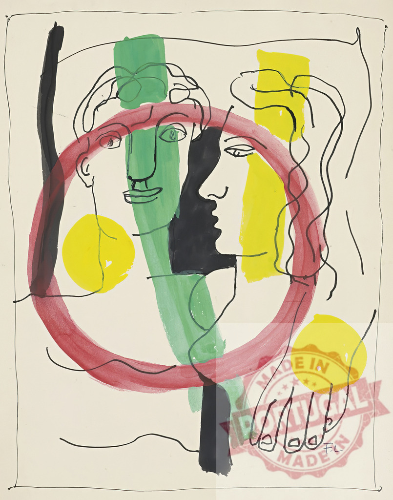 Fernand Léger modern abstract couple faces drawing | Fernand Leger Abstract drawing featuring two faces, colorful strokes, and a red circle - Realized with Pictrs.com