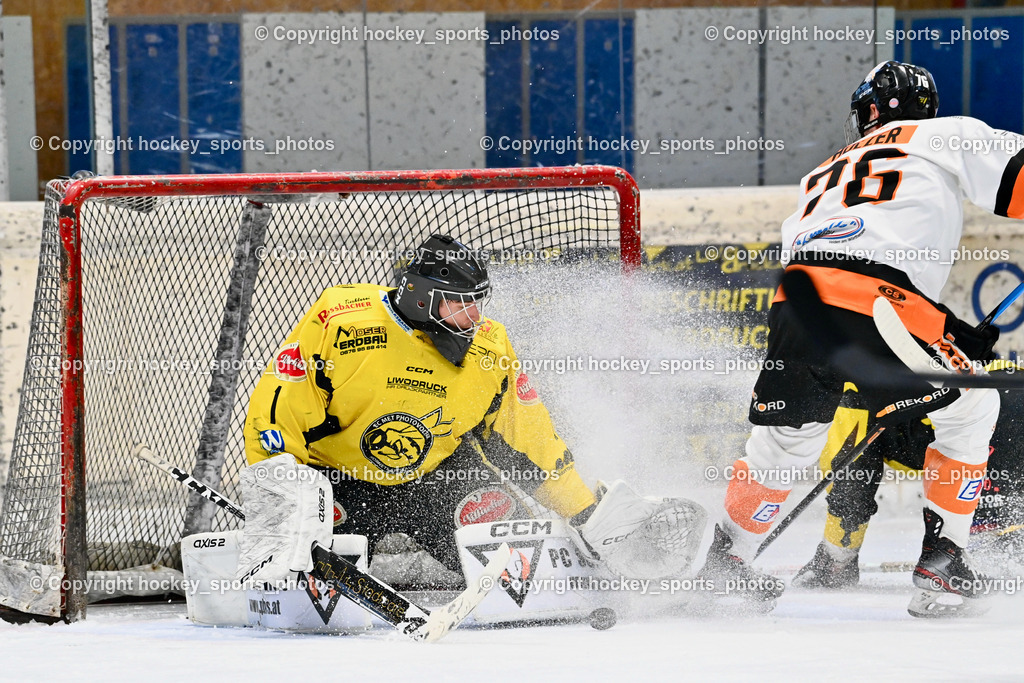 EC Hornets Spittal vs. USC Piraten Velden 18.2.2024 | #1 Zauchner Rene EC Hornets Spittal, #76 Holzer Nikolaus USC Velden, EC Hornets Spittal vs. USC Piraten Velden 18.2.2024, EC Hornets Spittal vs. USC Piraten Velden 18.2.2024 am 18.02.2024 in Spittal an der Drau (Eissportzentrum Spittal), Austria, (Photo by Bernd Stefan)