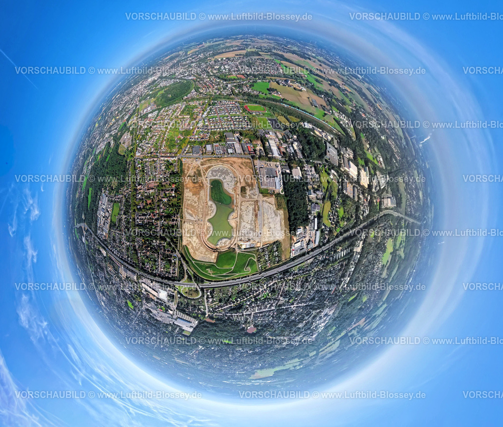 Recklinghausen250901932ehemTrabrennbahn | Luftbild, Baustelle ISEK Hillerheide Städtebauförderprojekt Wohnen am See, ehemalige Trabrennbahn Umbau und Baustelle, Erdkugel, Fisheye Aufnahme, Fischaugen Aufnahme, 360 Grad Aufnahme, tiny world, little planet, fisheye Bild, Hillerheide, Recklinghausen, Ruhrgebiet, Nordrhein-Westfalen, Deutschland