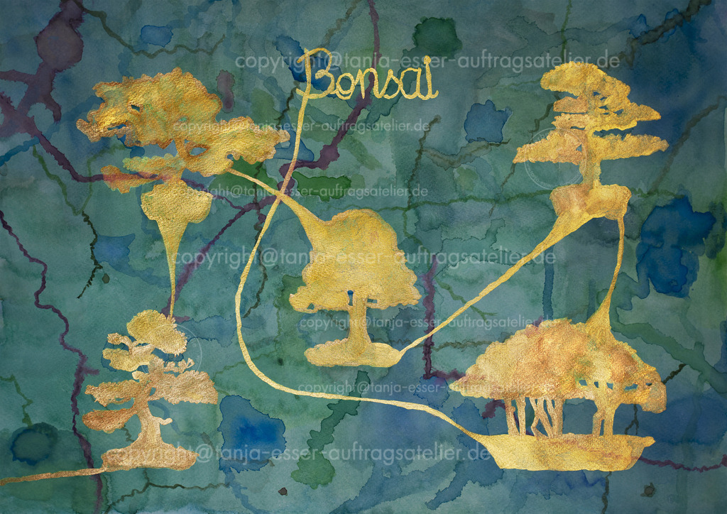 Ein-Strich-Zeichnung mehrerer Bonsai Bäume auf marmoriertem Papier | Ein gemaltes Aquarellbild mit fließenden Tuschetexturen, die Marmorierung darstellen. Im Vordergrund sind Silhouetten von Bonsai-Bäumen in Gold. Die Bäume sind mit einem Strich gezeichnet. Englischer Text: Bonsai.