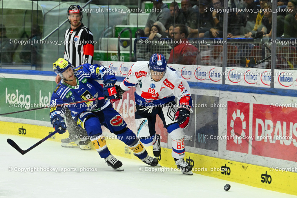 EC IDM Wärmepumpen vs. HC Tiroler Wasserkraft 22.9.2023 | #84 Andrew Desjardins, #89 Bär Lukas HCI, EC IDM Wärmepumpen vs. HC Tiroler Wasserkraft 22.9.2023, EC IDM Wärmepumpen - HC Tiroler Wasserkraft am 22.09.2023 in Villach (Stadhalle Villach), Austria, (Photo by Bernd Stefan)