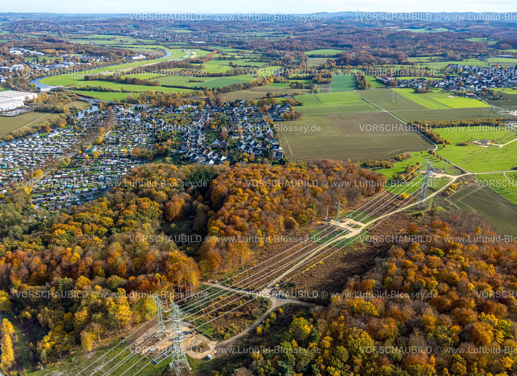 Hagen251100262 | Luftbild, Hochspannungsleitung am Garenfelder Wald mit Wohngebiet, Wiesen und Felder mit Fernsicht, Boele, Hagen, Ruhrgebiet, Nordrhein-Westfalen, Deutschland