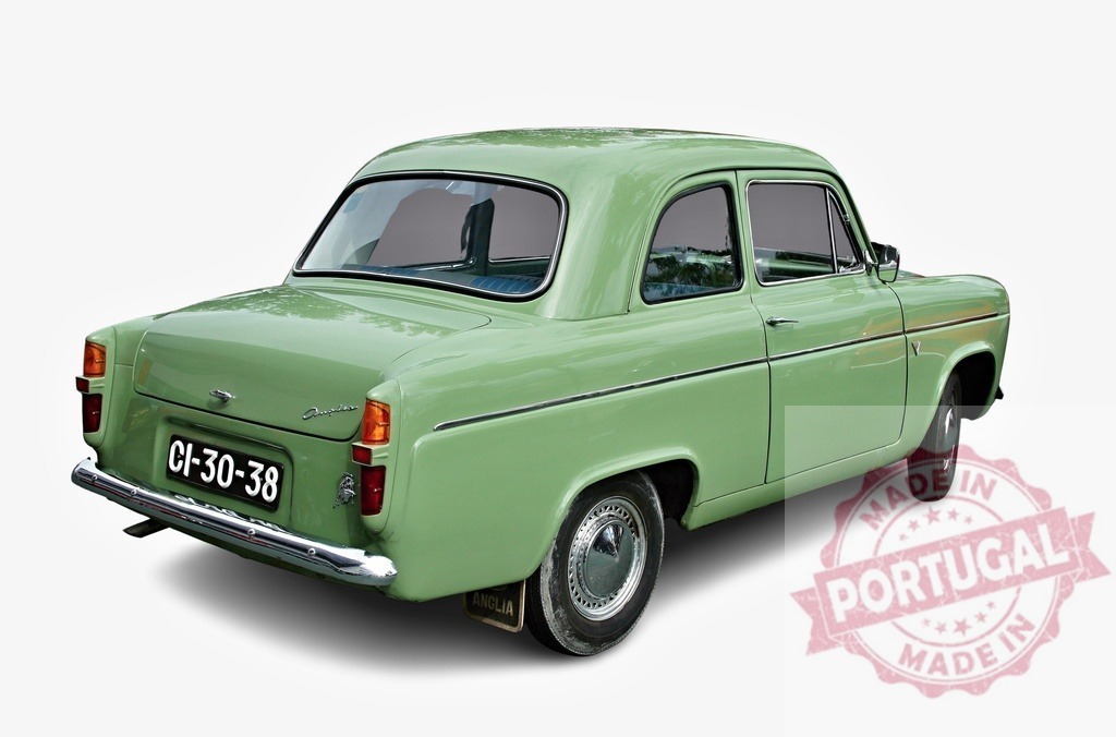 Classic Ford Anglia car parked, showcasing its vintage charm and timeless design | Light green Ford Anglia parked, showing its rear end, highlighting its classic design and vintage appeal - Realized with Pictrs.com