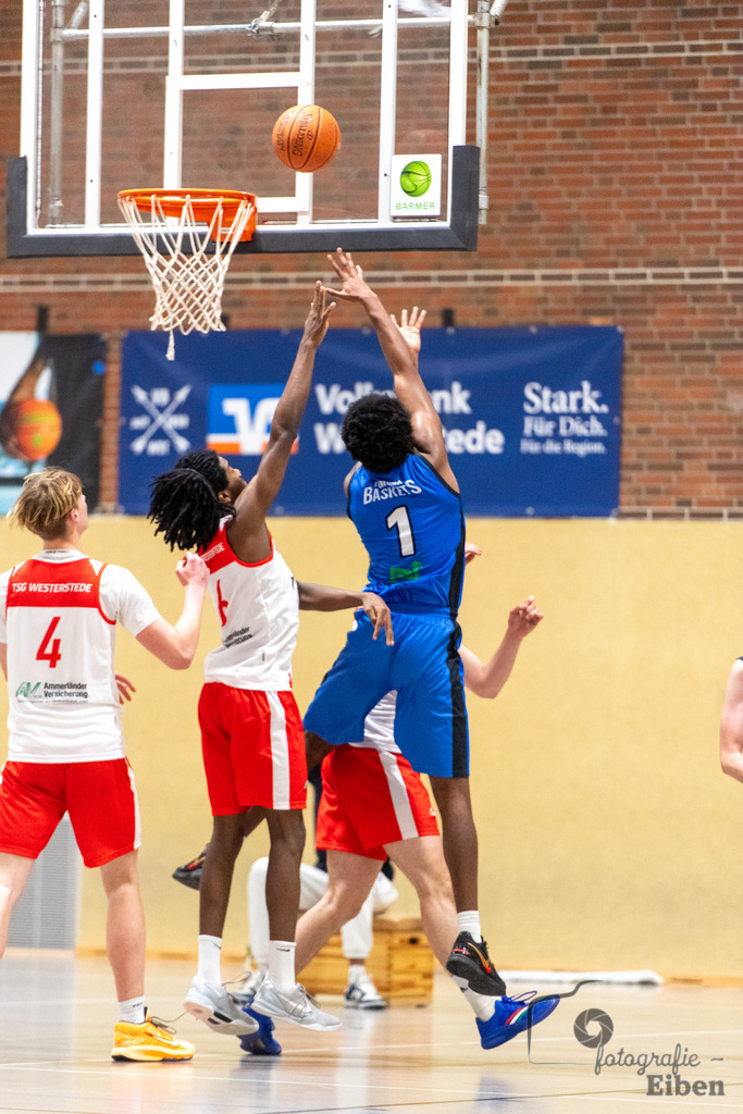 TSG Westerstede-Fortuna Logabirum | Basketball 2. Regionalliga; TSG Westerstede 2 (weiß)- Fortuna Logabirum (blau) am 12.12.2025 in Westerstede (Hössensportzentrum), Photo: Philip Eiben 2025 - Realisiert mit Pictrs.com