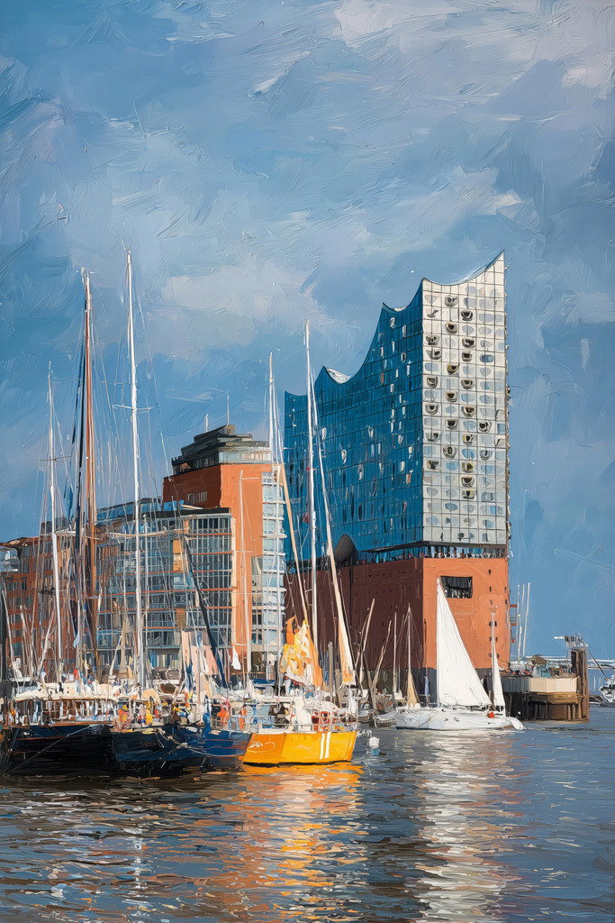 10250603 - Elbphilharmonie und Segelboote | Ein maritimes Kunstwerk mit der Elbphilharmonie als Blickfang – eingerahmt von modernen Segelbooten und lebendigen Reflexionen im Wasser. Die malerische Struktur verleiht dem Motiv Tiefe und Charakter.