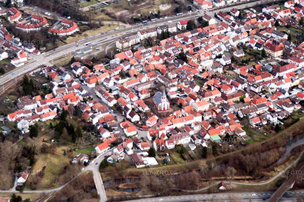 Luftbild: Ortsansicht von Südwesten im Ortsteil Knielingen in Karlsruhe im Bundesland Baden-Württemberg in Deutschland. Foto: IMG_1072.jpg vom 19.02.2006 durch Werner Riehm/FLY-FOTO.de
