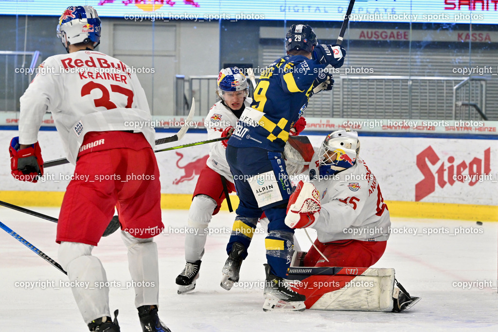RED BULL HOCKEY JUNIORS vs. EK DIE ZELLER EISBÄREN | #37 Krainer Benedikt RED BULL HOCKEY JUNIORS, #19 Lemke Paul Bennet RED BULL HOCKEY JUNIORS, #29 Putnik Philip EK DIE ZELLER EISBÄREN, #45 Ankirchner Valentin RED BULL HOCKEY JUNIORS, RED BULL HOCKEY JUNIORS vs. EK DIE ZELLER EISBÄREN, RED BULL HOCKEY JUNIORS vs. EK DIE ZELLER EISBÄREN am 14.01.2025 in Salzburg (Eisarena Salzburg), Austria, (Photo by Bernd Stefan)