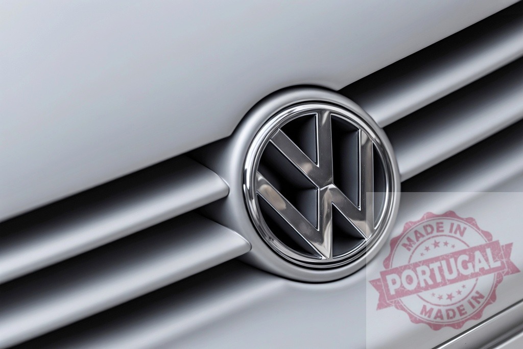 Volkswagen car emblem on silver metallic grille | Volkswagen logo on a chrome grill representing German automotive engineering and brand identity - Realized with Pictrs.com
